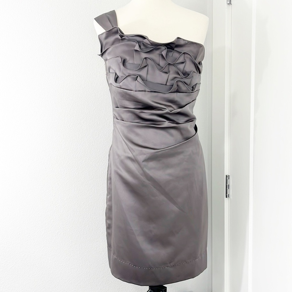 Phoebe Couture Size 12 Dove Gray One Shoulder Satin Ruffle Bodice Formal Dress